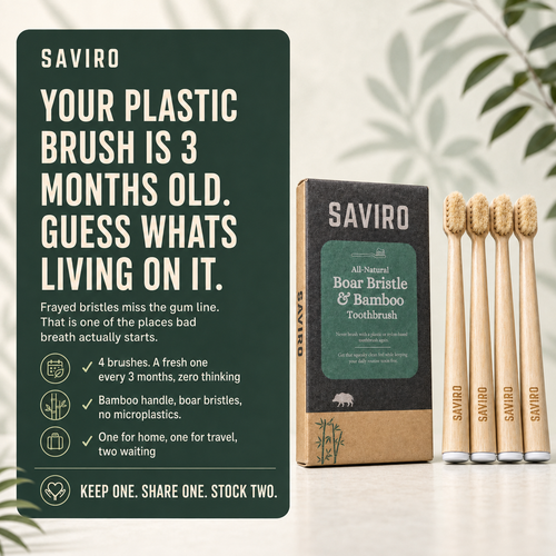 SAVIRO Boar Bristle & Bamboo Toothbrush (4 Pack)